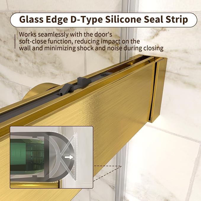 Frameless Double Sliding Shower Door,44-48" W x 74" H Glass Shower Doors with Soft Close System,5/16" (8mm) SGCC Tempered Clear Glass,Explosion-Proof Film Nano Coating,Brush Gold