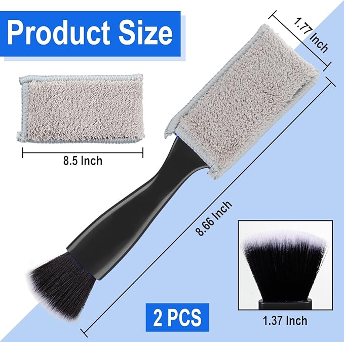 2PCS Double Head Brush for Car Clean, Universal 2 in 1 Car Detailing Brush, Double Ended Portable Dust Brush with 4 Cleaning Cloth, for Air Conditioner Outlets, Dashboard Screen (Black)
