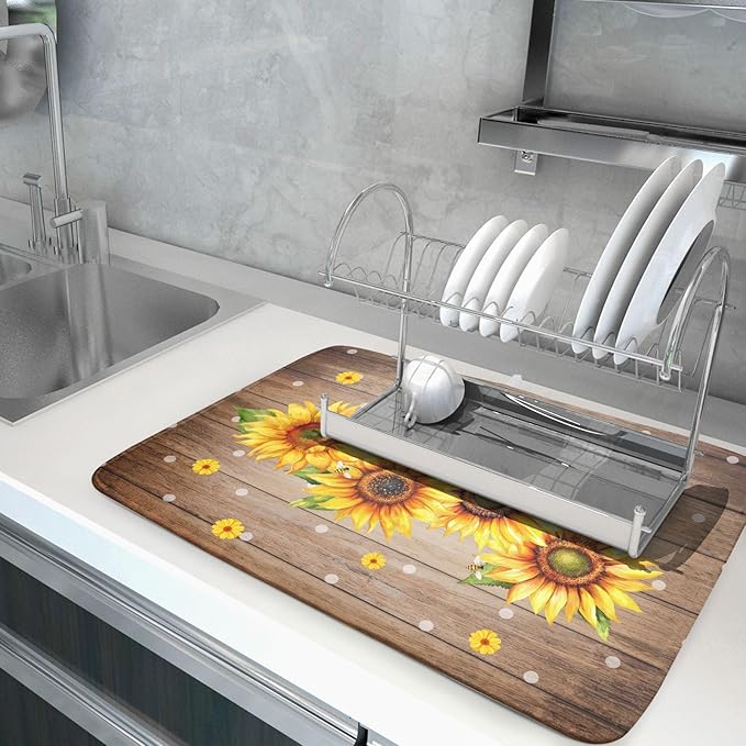 Summer Sunflower Bee Dish Drying Mat for Kitchen Counter,Rustic Yellow Flowers White Polka Dots Drying Mat 18 x 24 Inch with Absorbent Reversible Microfiber Drying Pad for Coffee Bar