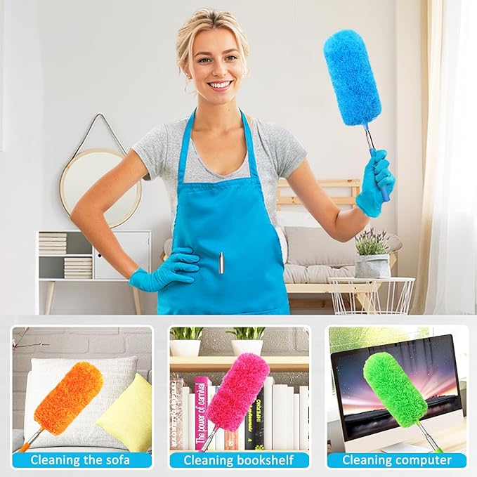 4 Pcs Washable Microfiber Feather Duster, with Extendable Pole and Bendable Head, Microfibre Cleaning Tool for Cleaning Office, Car, Computer, Furniture, Sofa
