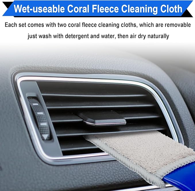 Double Head Brush for Car Clean, 2 in 1 Car Detailing Brush, Double Ended Portable Dust Brush with 2 Cleaning Cloth, Universal Dust Removal Brush for Air Conditioner Outlets, Dashboard Screen (Blue)