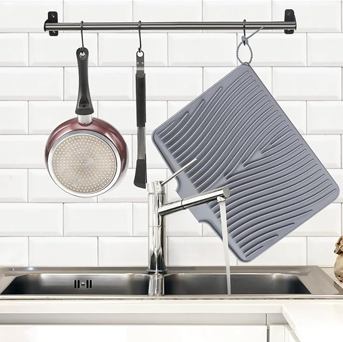 Dish Drying Mat, Stone Drying Mat for Kitchen Counter with Built-in Drain, Non-Slip Drying Matt Kitchen Counter, Heat Resistant Silicone Drying Mat, Dish Drying Pad, 2 Pcs(Grey 20" x 15")