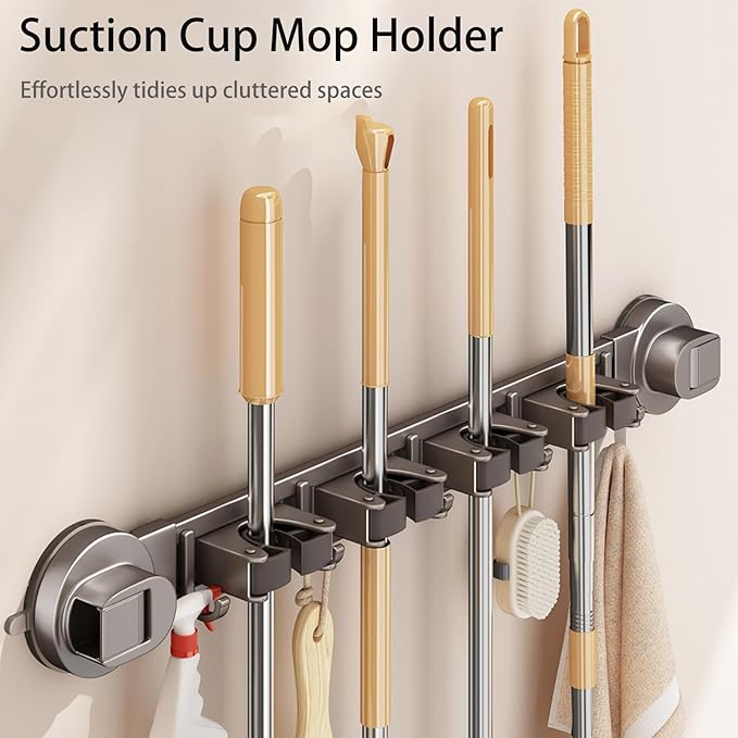 Wall-mounted Mop Holder for Bathrooms, Storage Rack Suitable for Bathrooms, Kitchens, Garages, Gardens, and Laundry Rooms (3 Clips & 4 Hooks/19.8in)
