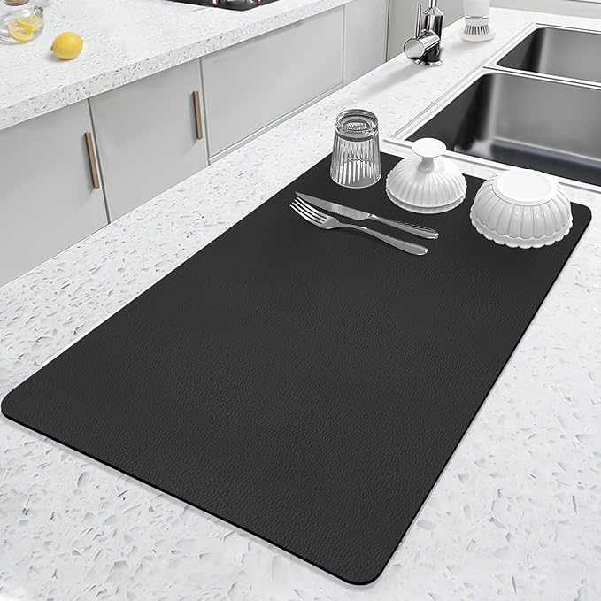 LOPNUR Kitchen Dish Drying Mat, 24"x16" Large Dish Drying Mats for Kitchen Counter, Super Absorbent Dish Drying Pad, Diatomite Coffee Mat Heat Resistant Mat with Anti-slip Rubber Backed, Black