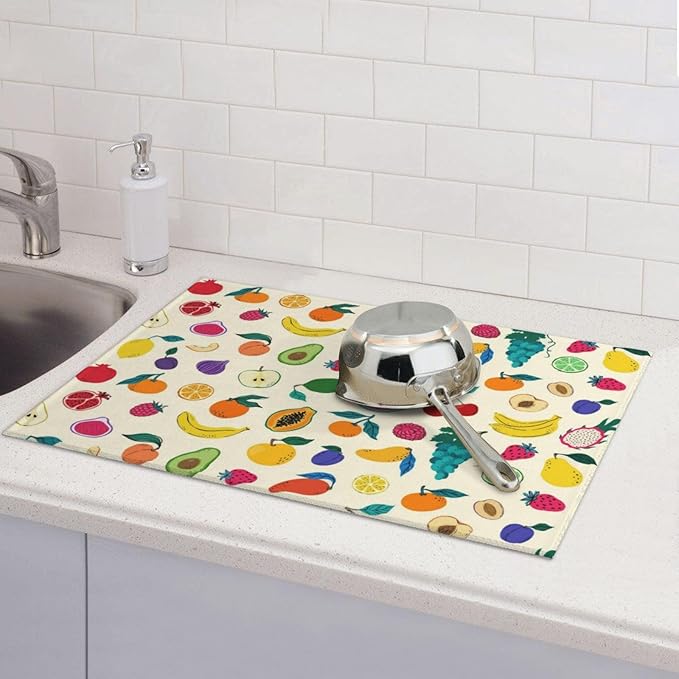 Fruit Theme Kitchen Dish Drying Mat for Counter, Dish Draining Mat Microfiber Absorbent Reusable Washable Extra Large 18"x24" (fruit, 18"x24")