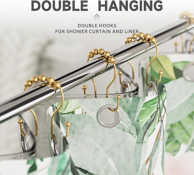 Shower Curtain Hooks, Shower Curtain Rings Rust Proof Double Hook Shower Curtain Hooks, 12 Pcs Dark Gold Shower Hooks for Shower Curtain, Shower Rings for Curtain, Metal Shower Rod Hooks