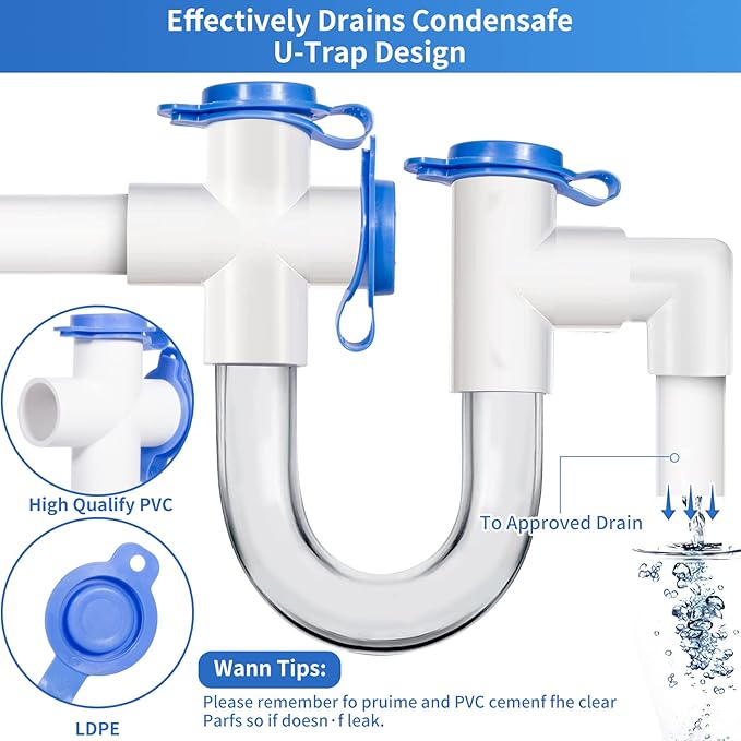 3/4 -inch Standard Condensate Trap with Cleaning Brush, PVC U Trap for HVAC Systems, Air Conditioner, Effectively Drains Condensate.