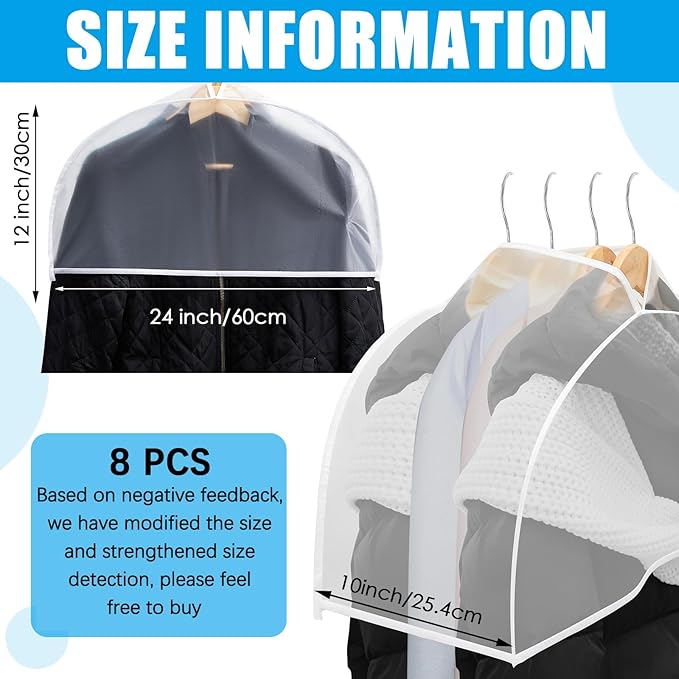 Patelai 8 Pcs 10" Gusseted Shoulder Covers for Hanging Clothes 24" x 12" Plastic Garment Dust Covers Protectors for Closet Storage Suit, Coats, Jackets, Dress Closet Storage(Translucent)