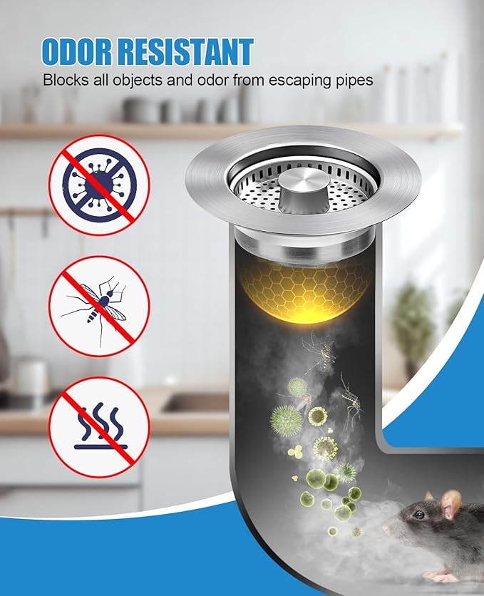 Kitchen Sink Drain Strainer, 3 in 1 All Stainless Steel Sink Strainer, Pop Up Sink Stopper with Copper Bounce Core, Anti-Clog Food Catcher Basket for US Standard 3-1/2 inch Drain (2 Pack)