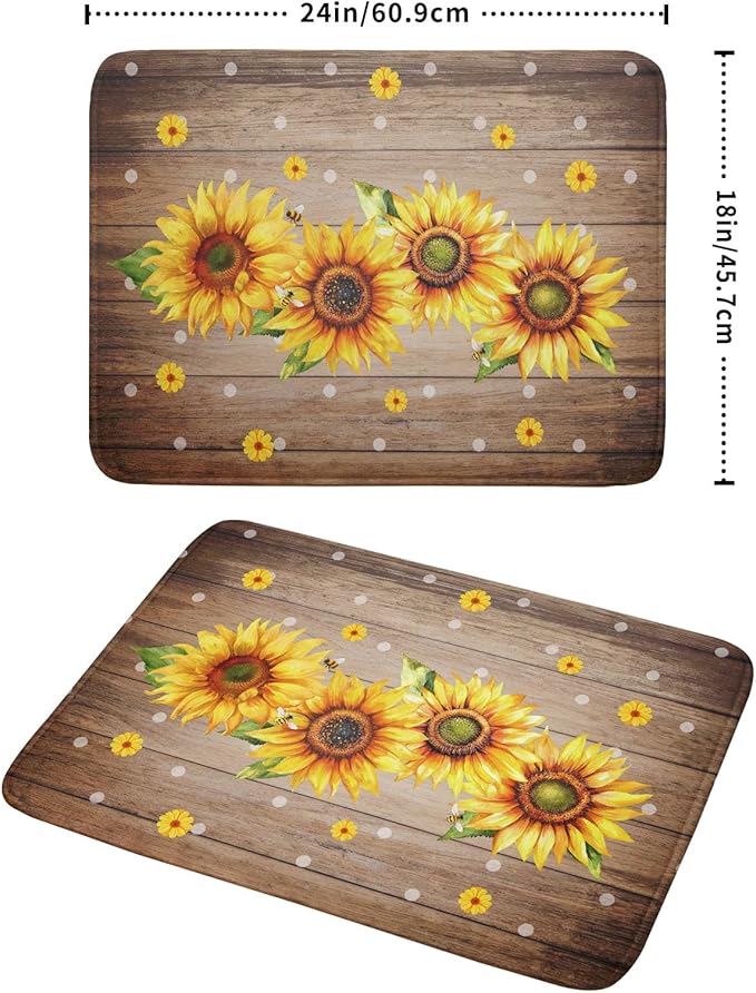 Summer Sunflower Bee Dish Drying Mat for Kitchen Counter,Rustic Yellow Flowers White Polka Dots Drying Mat 18 x 24 Inch with Absorbent Reversible Microfiber Drying Pad for Coffee Bar