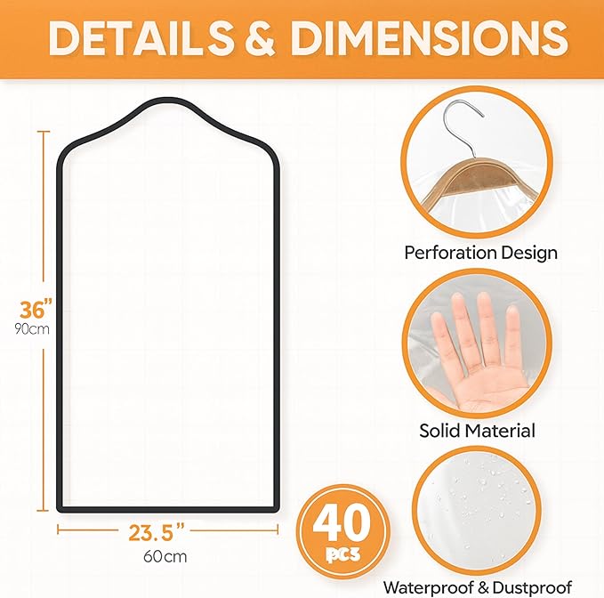 40 Pack Clear Plastic Garment Bags, 35.5" x 23.5", Clothes Covers for Hanging, Dry Cleaning Bags for Closet Storage, Dust-Proof Transparent Covers for Shirts, Suits & Jackets