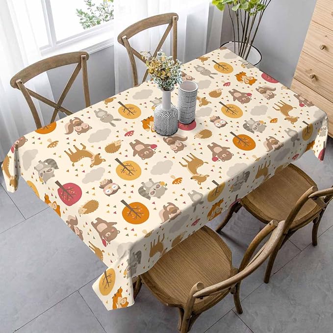 Cute Woodland Animals Table Cloth 52x70 Cartoon Rabbit Hedgehog Raccoon Autumn Tree Rectangular Tablecloth Polyester Washable Table Cover for Dining Kitchen Banquet Picnic Decorative