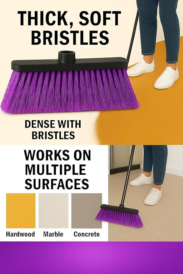 ALMA Deep Purple 14" Soft Flagged Broom Head – Indoor Sweep – Universal 7/8" Thread – Eco-Friendly Recycled PP (Purple, ALMA)