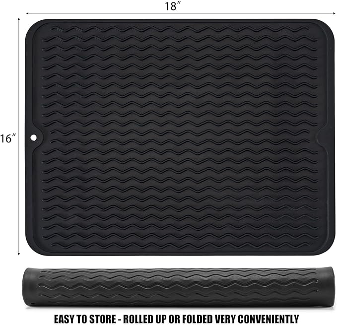 Silicone Dish Drying Mat, Non-Slip Easy Clean Sink Mat Large Heat-resistant Dish Drainer Mat for Kitchen Counter, Sink, Refrigerator or Drawer liner (18" x 16", BLACK)