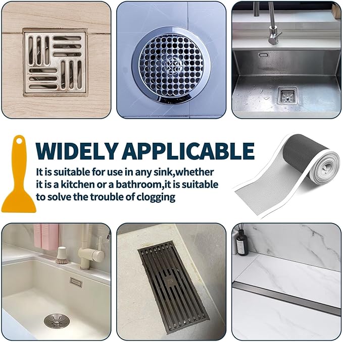 4.7 Inch x 33 FT Disposable Shower Drain Screen Self-Adhesive Stickers, with Cleaning Shovel, Showers Drain Hair Catcher, Shower Drain Mesh Stickers for Bathroom Kitchen Sink