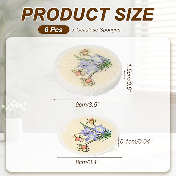 uxcell 6Pcs Cellulose Sponges, Round Kitchen Clean Sponges Non-Scratch Compressed Dish Scrubber with Floral Pattern for Kitchen Household Cookware Bathroom Cleaning & DIY, Light Yellow