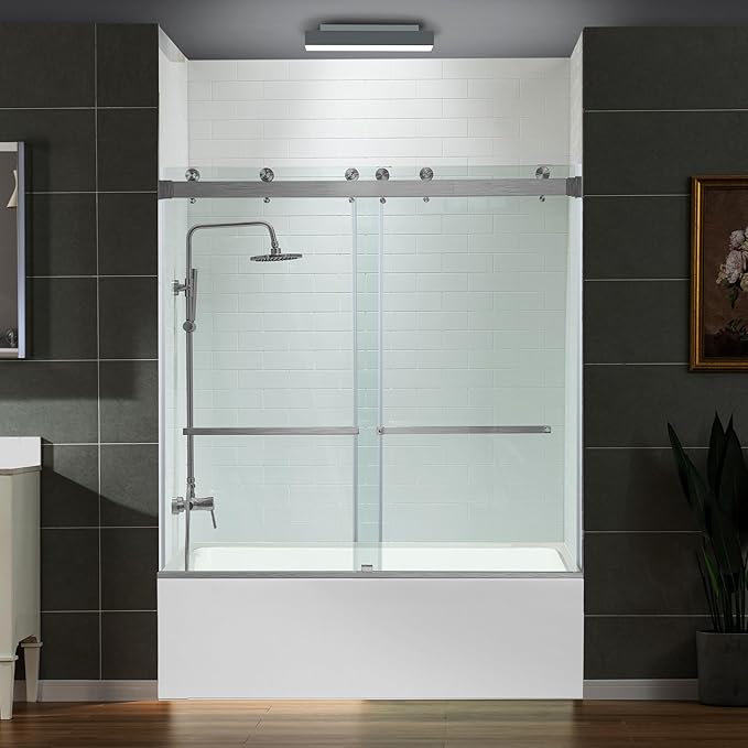 Woodbridge Frameless Bathtub Shower Doors 56-60" Width x 66" Height with 5/16"(8mm) Clear Tempered Glass, 2 Ways Opening & Double Sliding in Brushed Nickel Finish