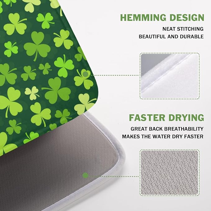 St. Patrick's Day Dish Drying Mat for Kitchen Counter,Irish Green Shamrocks Clover Leaves Drying Mat 16 x 18 Inch with Absorbent Reversible Microfiber Dish Drying Pad for Coffee Bar