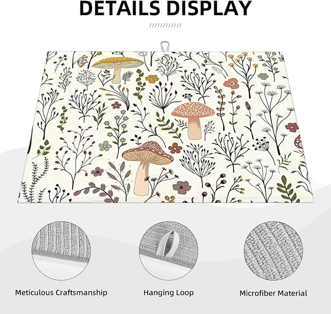 Cute Mushrooms Dish Drying Mat 18x24 inches Microfiber Absorbent Fast Dry Mat for Kitchen Counter Coffee Bar Mushrooms Plants Large Drying Mat Kitchen Decor Gifts (Cute Mushrooms, 18x24 inches)