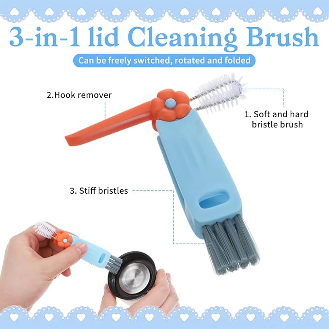 Straw Cleaner Brush Set: 3 Pcs Reusable Pea Long Straw Pipe Cleaner Brushes and 2 Pcs Cup Lid Cleaning Brush for Water Bottles and Tumblers