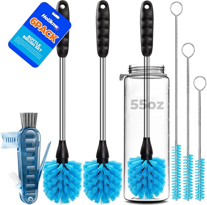 Holikme 6 Pack Brush Set, 14" Long Handle Stainless Steel Cleaner, 3 Straw Brushes, 4-in-1 Cleaning Brush for Water and Baby Bottles, Straws - Aqua