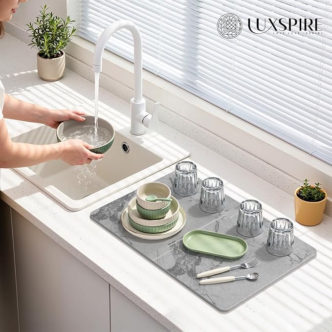 Luxspire Large Stone Drying Mat for Kitchen Counter 24"x16"- Fast-Absorbing Dish Drying Mat Non-Slip Stone Dish Drying Mat for Dishes, Cups Waterproof Counter Protector for Kitchen Bath, Marble Gray