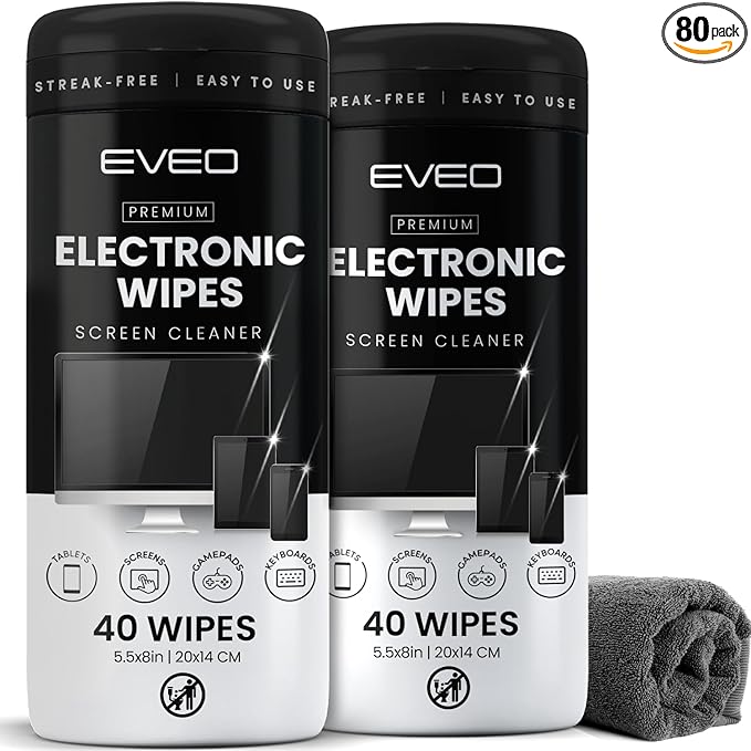 Electronic Wipes Screen Cleaner Streak-Free [2 Pack x40] Computer Screen Wipes, TV Screen Cleaner Wipes, Monitor Wipes for Smart TV, Laptop, iPhone, ipad and more - [Microfiber Cloth + 80 Wipes]