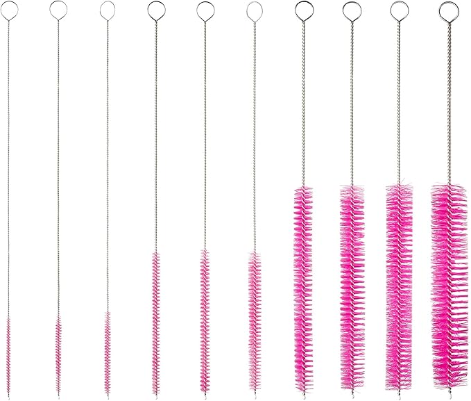10" Tube Cleaning Brush Set, 10 Pack, Extra Long Nylon Straw Brushes with Flexible Handles for Bottles, Cleaning Straws, Pipe Cleaners, Keyboard, Glass, Guns, Detailing and Deep Cleaning, Pink