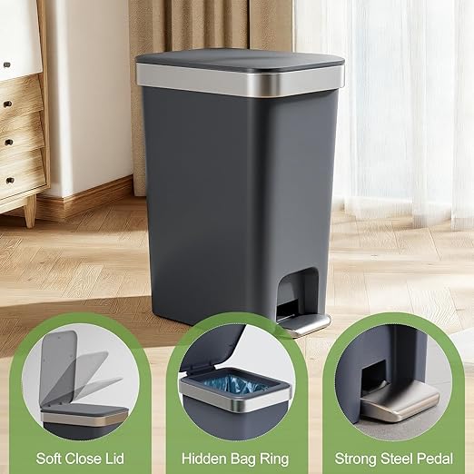 Bathroom Trash Can with Lid, 2.6 Gallon /10 Liter Small Garbage Can, Press Top Bin & Step Metal Pedal Trash Bin Plastic Wastebasket for Bedroom, Office, Kitchen, Dorm (Black Gray)