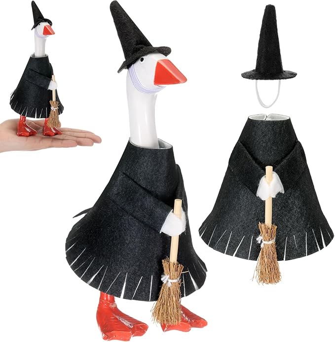 Abbylike Thanksgiving Mini Desk Goose Outfits 7 Inch Magnetic Silly Goose Statue Candy Corn Costume with Witch Hat and Broom for Halloween Magnetic Duck Statue Desk Key Holder Decor(Witch)