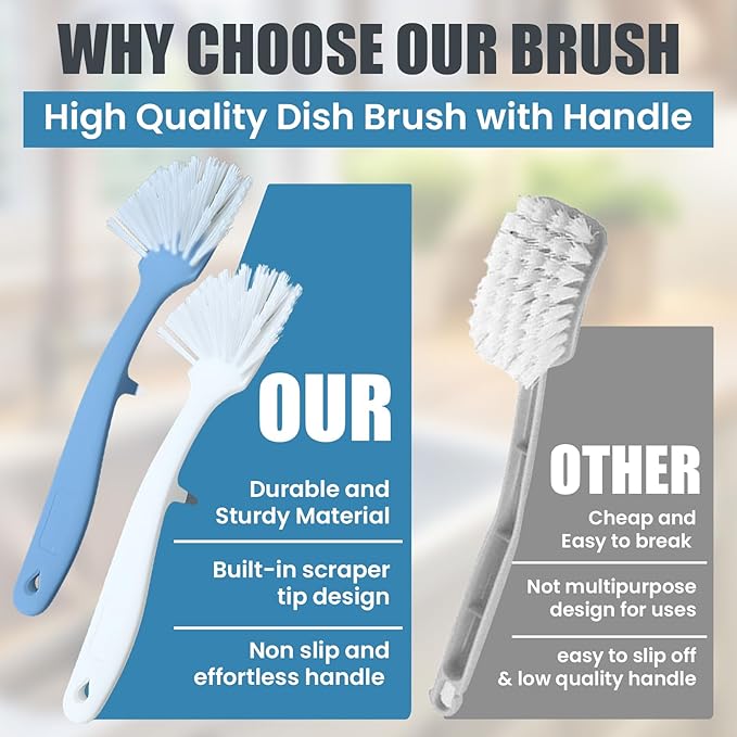 Dish Brush with Handle – 2 Pack - Comfortable Grip and Stiff Bristles Dish Scrubber Brush with Built-in Scraper Kitchen Scrub Brushes for Cleaning Dishes, Pots, Pans, Sink, Stove - White and Blue