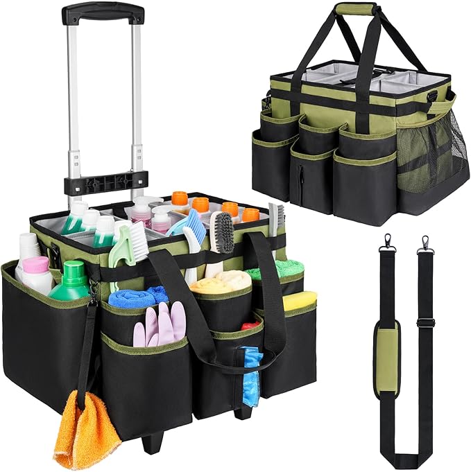 Large Rolling Cleaning Caddy Bag with Detachable Trolley,Cleaning Cart on Wheels with Shoulder Strap,Cleaning Supplies Organizer for Housekeepers,Green