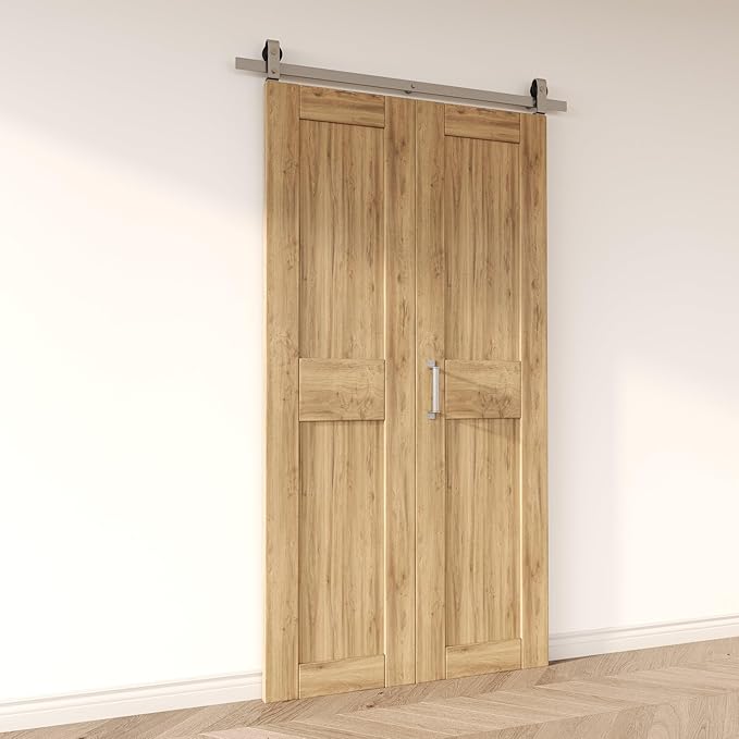 Homacer 60in Brushed Nickel Top Mount Bi-Folding Sliding Barn Door Hardware Kit for 2 Doors,Heavy Duty, Quietly,Easy to Install (Door Not Included)