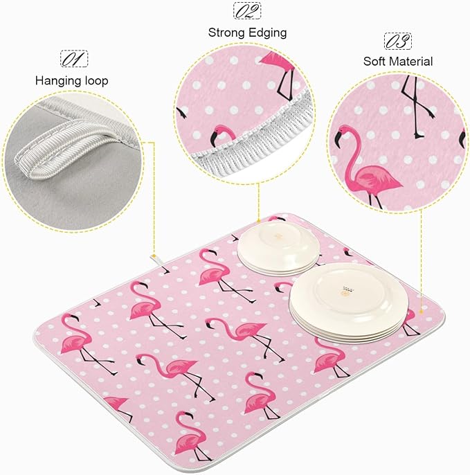 Tarity Cute Pink Flamingo Dish Drying Mat for Kitchen Counter Absorbent Heat Resistant Microfiber Dishes Drainer Mat 16x18 in Dish Pad Sink Mat Protective Pad Kitchen Decor