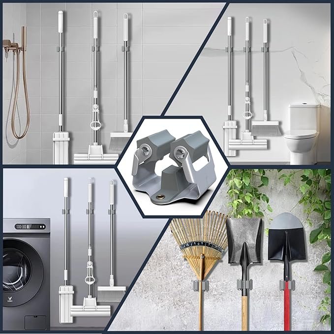 3-H 45 Pack Mop and Broom Holder Big Size Hanging 1 KG Extra,Broom Hanger Wall Mount for Hanging and Organizing Shove Rake Yard Tools in Shed Kitchen Laundry Room Bathroom Garden(Grey)