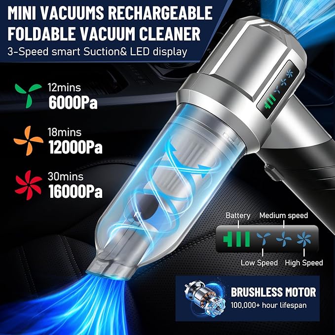 HONEYEYEAR Handheld Vacuum Cleaner, 16000Pa Car Vacuum Cleaner Cordless, 4-in-1 Powerful Car Hoover, 80000 RPM Brushless Motor, 30 Min Runtime, 3 Speed, USB-C Charging, for Home Pet Hair Cleaning