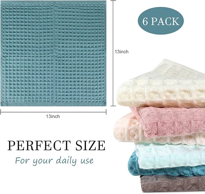 6 Pack Waffle Weave Dish Cloths, 13x13 Inch 100% Cotton Kitchen Towels for Washing Dishes - Super Absorbent, Quick Drying Dish Rags (Mixed Colors)