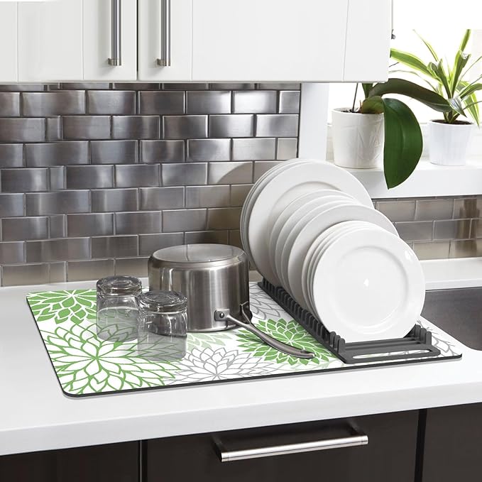 Findosom 2PCS 16" x 24" Dish Drying Mat & 24" x 5.5" Sink Splash Guard, Super Absorbent & Cuttable Dish Mat Drying Kitchen Mat with Green Floral, Hide Stain Drying Mat for Kitchen Counter