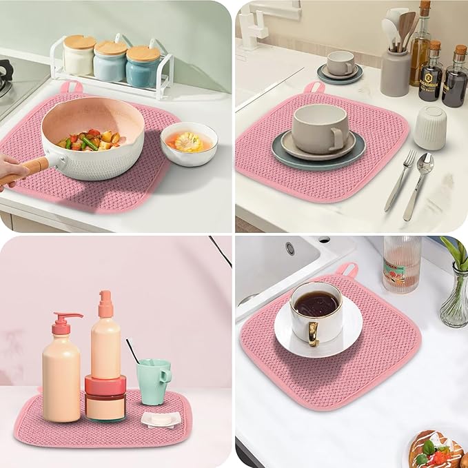 Microfiber Dish Drying Mat, Super Absorbent Kitchen Dish Drying Pad, Reversible for Countertop, 7*7 inch Pink