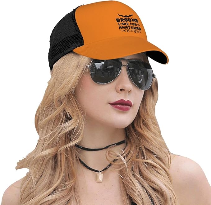 Brooms are for Amateurs Halloween Baseball Cap with Curved Brim and Mesh Outdoor Sun Protection & Breathability Casual Trucker Hat Well-Built and Well-Proportioned Black