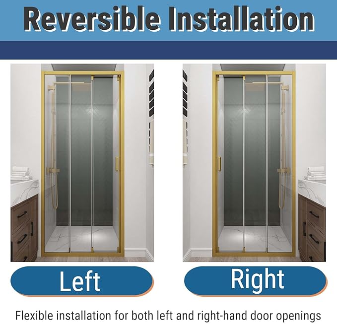 36" W x 78" H 3-Panels Sliding Shower Door, Shower Door Clear 6mm Tempered Glass with Brushed Gold Frame, 3-Panels Sliding Shower Easy to Clean,Three-Panel Synchronized Shower Sliding Door