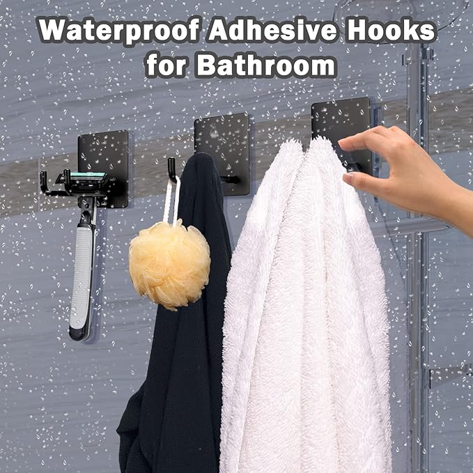 Adhesive Hooks, Stick on Stainless Steel Towel Robe Razor Wall Hooks for Bathroom Kitchen, Sticky Heavy Duty Durable Shower Hangers for Hanging Hat Coat Key 6-Pack (Black)