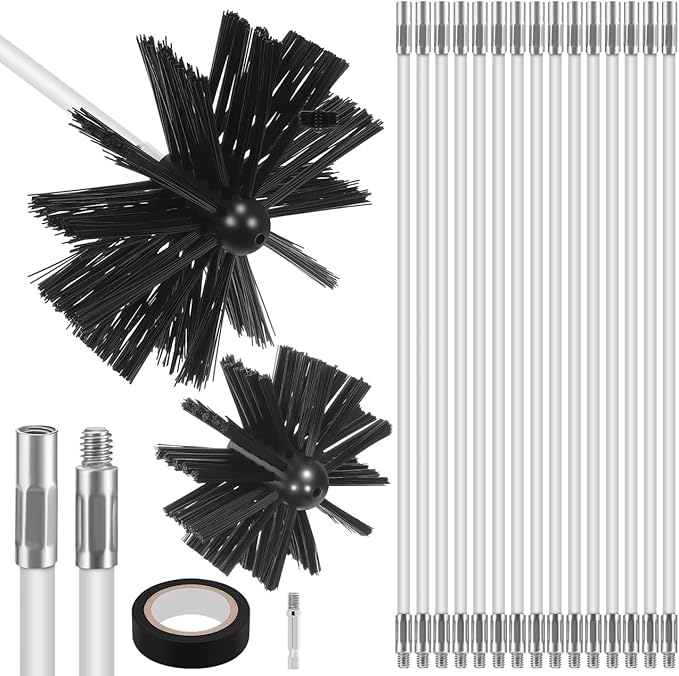 20feet Chimney Sweep Kit with 15 Flexible Rods, Dual Brush Heads (3. 9" & 5. 9") for Efficient Fireplace & Stove Pipe Cleaning, Professional Grade Soot Remover for DIY Home Maintenance