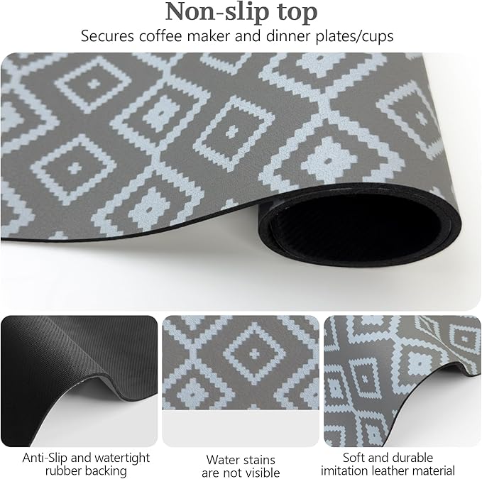 Bloss Dish Drying Mat, 12"x19" Absorbent Coffee Bar Mat with Waterproof Rubber Back, Fit Under Coffee Maker Machine/Kitchen Counter(Gray-White Plaid)