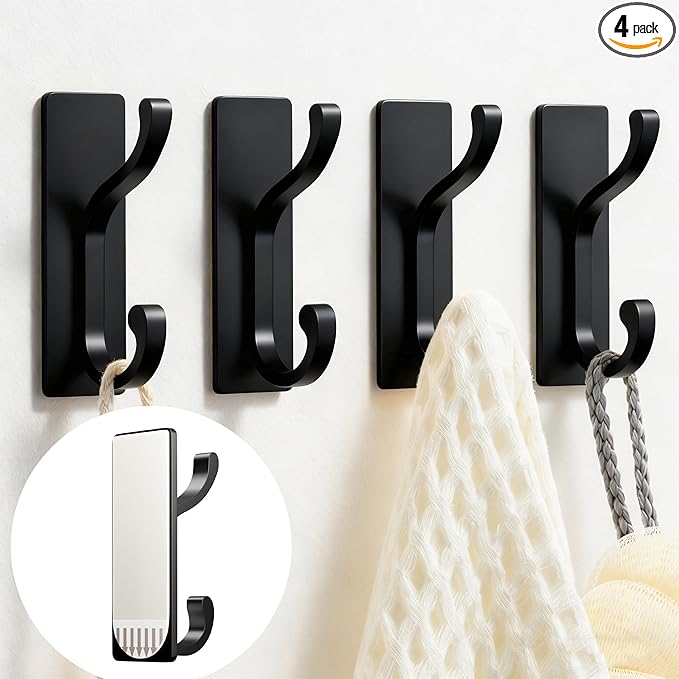 pickpiff Wall Hooks with Adhesive Strip - Easy to Remove, No Residue, Strong Heavy Duty Sticky Towel Hook, 4 Pack Black