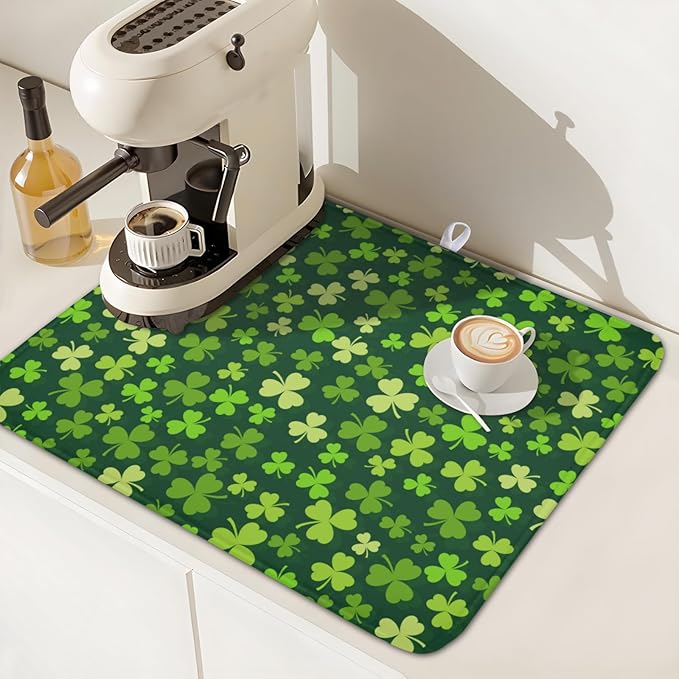 St. Patrick's Day Dish Drying Mat for Kitchen Counter,Irish Green Shamrocks Clover Leaves Drying Mat 16 x 18 Inch with Absorbent Reversible Microfiber Dish Drying Pad for Coffee Bar