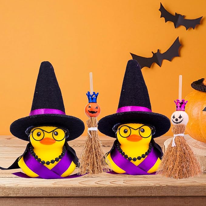 Halloween Duck Car Ornament, Rubber Duck Car Dashboard Decor with Mini Witch Hat Sash Glasses Cloak Mini Broom