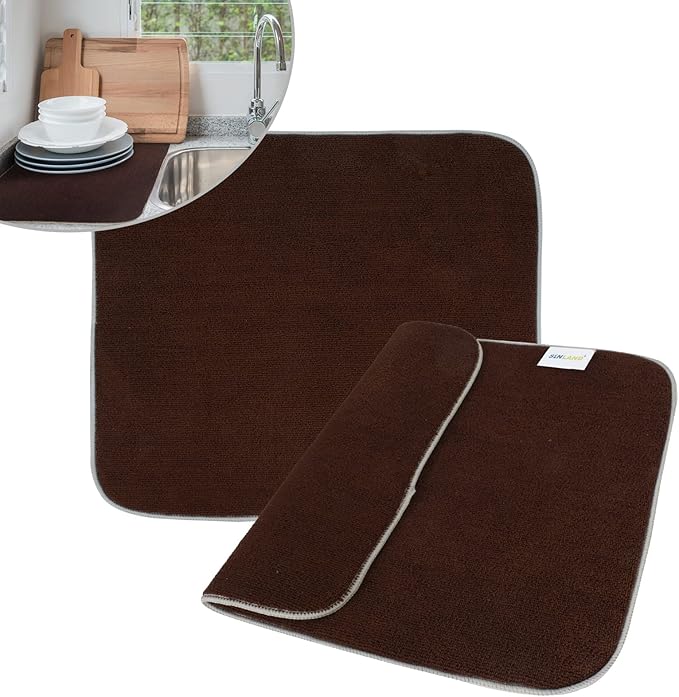 SINLAND Microfiber Dish Drying Mat Super Absorbent Dish Drying Pad for Kitchen Counter, Mat for Countertops or Sinks 16Inch X 18Inch Brown 2 Pack