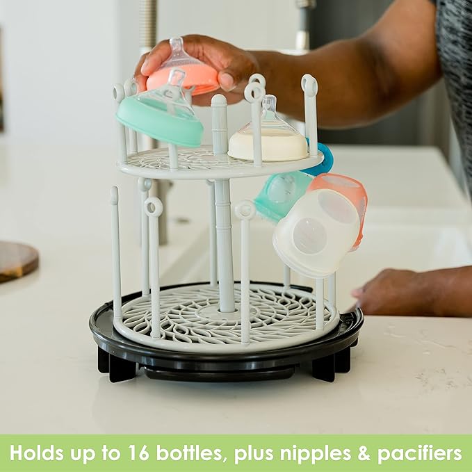 The First Years Spin Stack Bottle Drying Rack - Black - 2-Tier Rotating Countertop Drying Rack for Up to 16 Bottles - Baby Essentials for Everyday Use