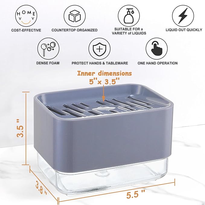 Dish Soap Dispenser with Sponge Holder for Kitchen Sink, 2 in 1 Kitchen Soap Dispenser with Water Scraper, 2 Pack Scratch Dish Sponges for Kitchen Countertop, Sink, Bathroom, Cleaning Gadgets